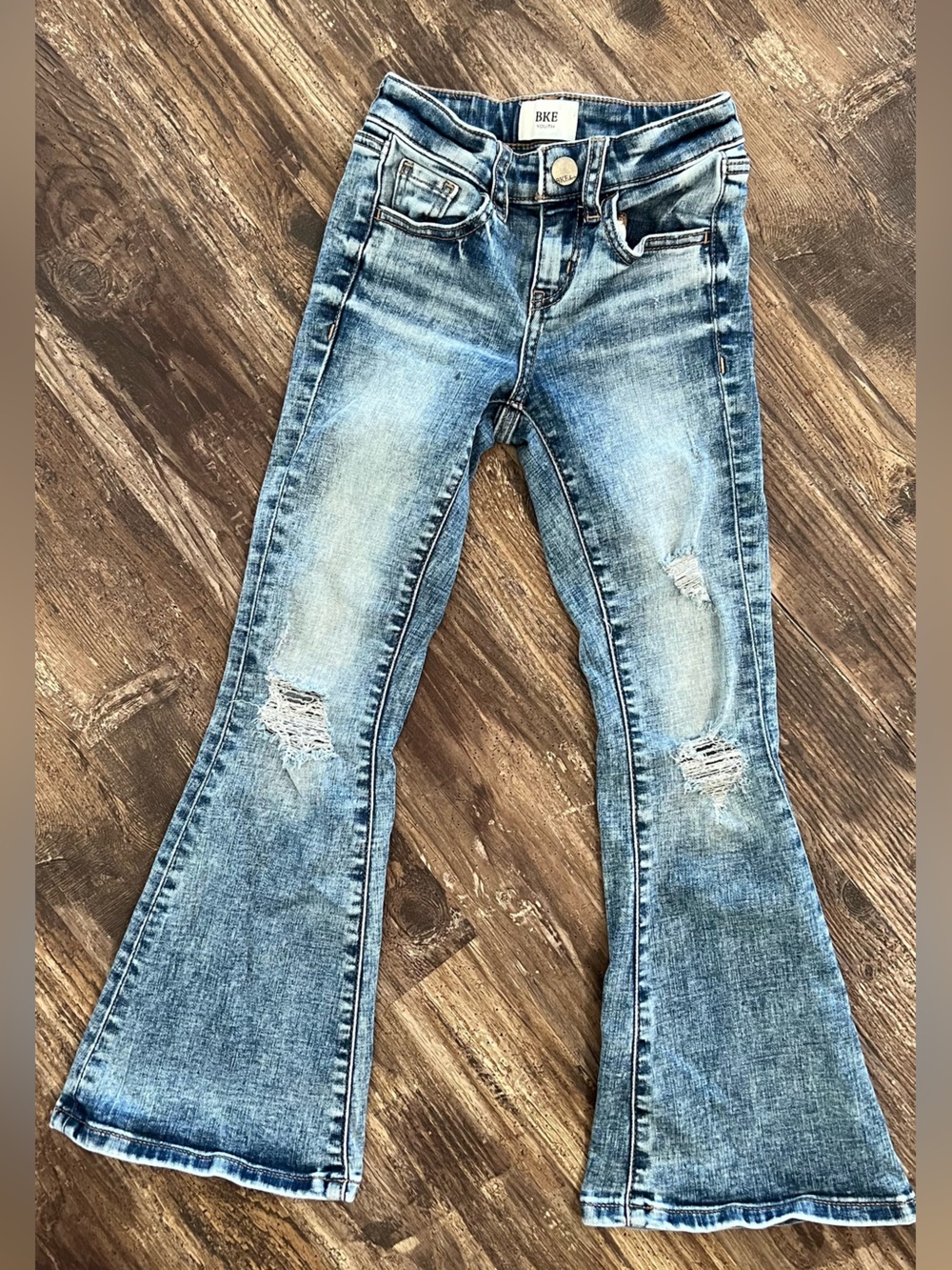 BKE Girls Distressed Light Blue Flare Jeans - Picture 2 of 5